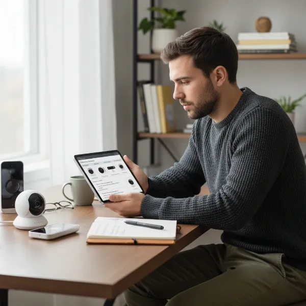 A person researching security devices on a tablet, surrounded by informational charts and product features.