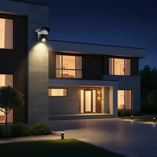 An outdoor security camera mounted on a house at night, illuminated by a subtle spotlight, capturing a clear view of the driveway and front yard with a warm, secure feeling.