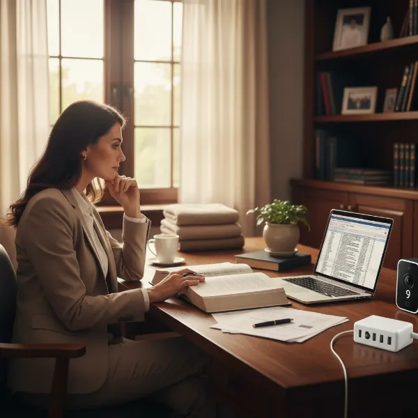 A person contemplating legal documents next to a discreetly placed nanny cam, highlighting the legal and ethical considerations of hidden surveillance.