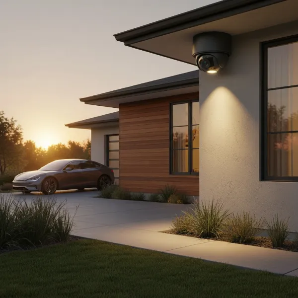 An outdoor security camera mounted on a modern home, overlooking a driveway and front yard, with a subtle spotlight illuminating the area at dusk, realistic, wide-angle shot, inviting atmosphere.