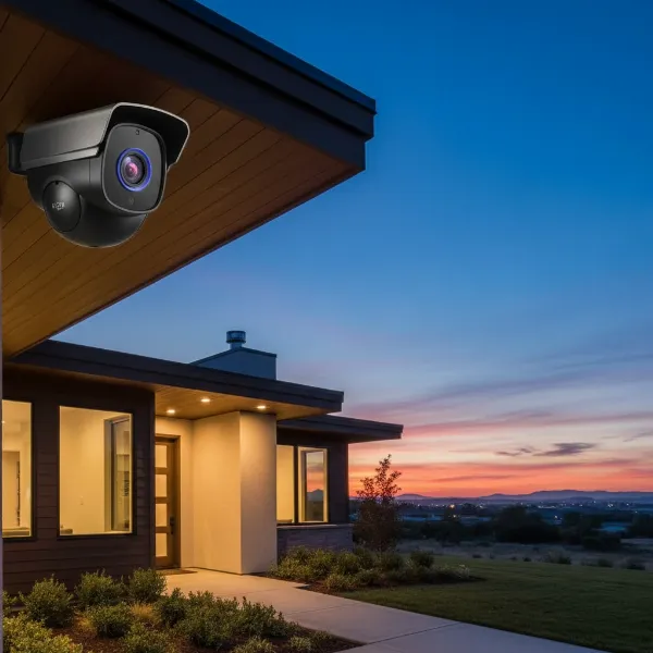 An outdoor security camera mounted on a modern house facade, illustrating home protection and peace of mind at dusk.