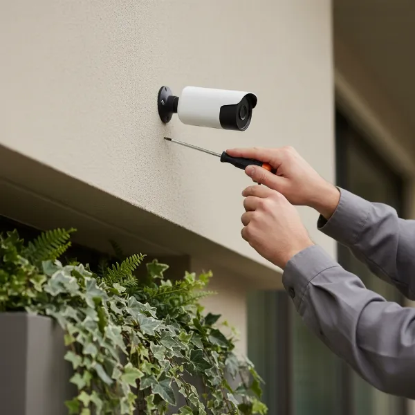 A person installing an outdoor security camera on a house wall at eye level, showing careful alignment and connection of wires.