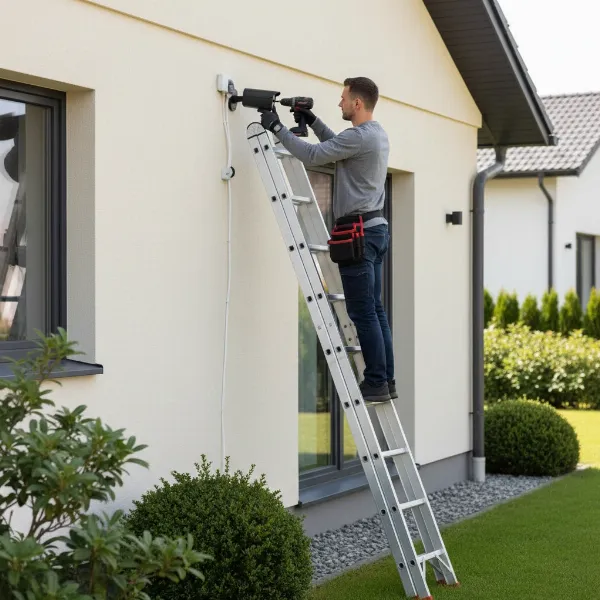 A person carefully installing an outdoor security camera on the exterior wall of a house, ensuring correct alignment and wiring.