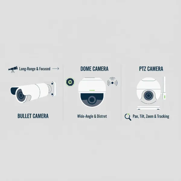 An illustrative comparison of different outdoor camera types like bullet, dome, and PTZ, highlighting their shapes and typical use cases.