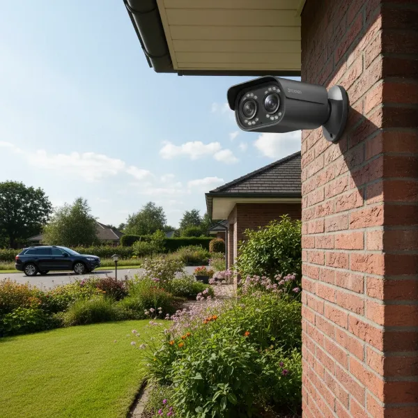 Outdoor security camera mounted on a house wall, clearly monitoring the perimeter.