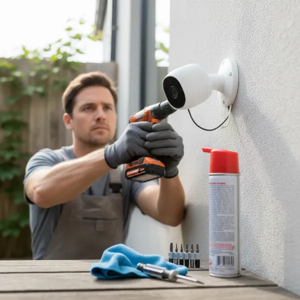 A homeowner installing an outdoor security camera, with maintenance tools in the foreground.