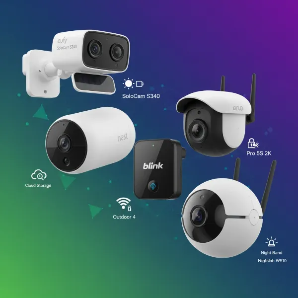 A collage showcasing various top-rated outdoor security cameras from different brands, highlighting their unique features and designs.