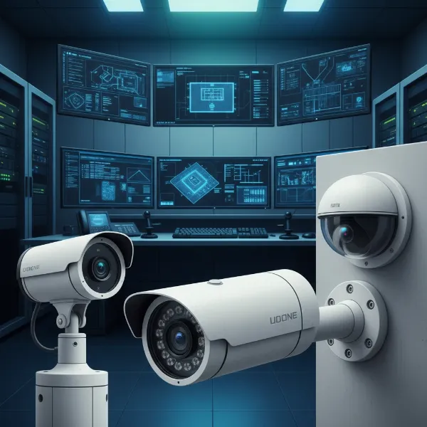 Various types of outdoor security cameras including bullet, dome, and PTZ models, showcasing their distinct designs and features.